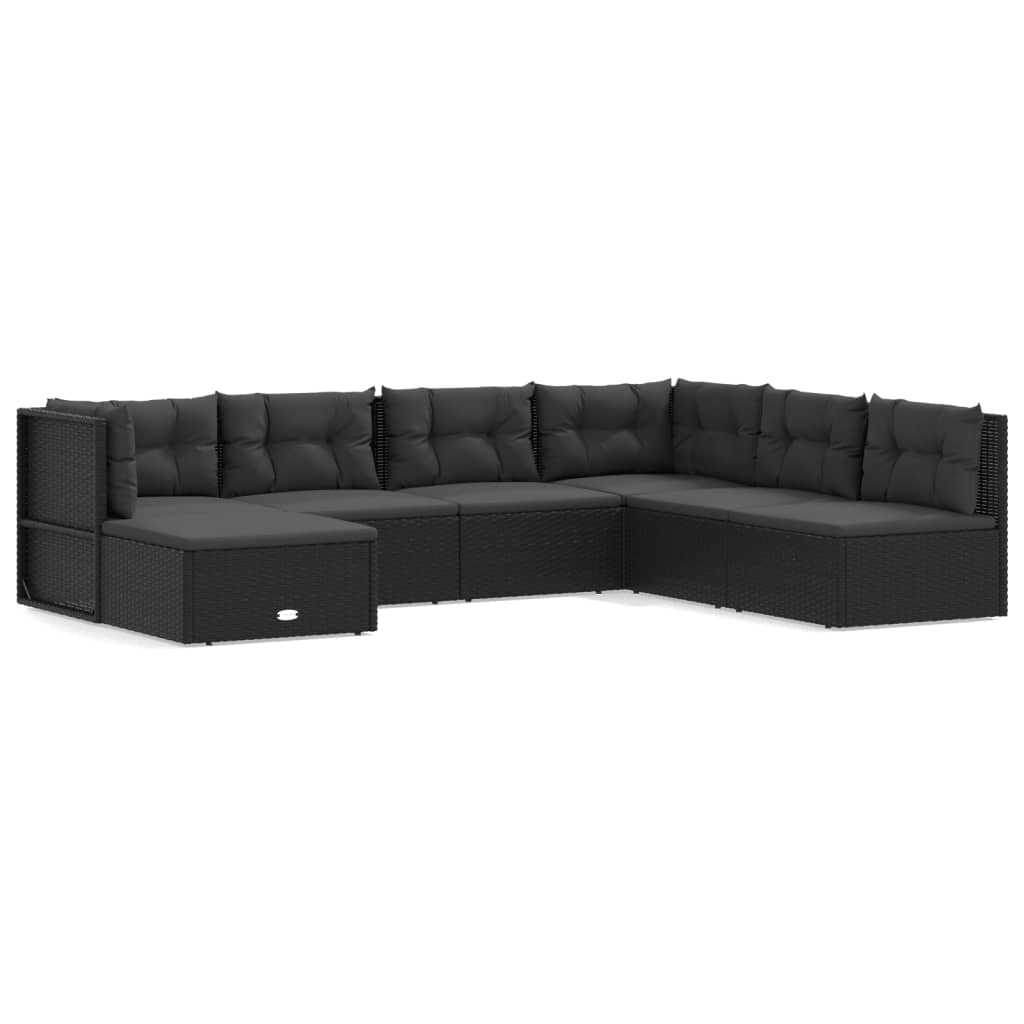 7 Piece Garden Lounge Set With Cushions Black Poly Rattan