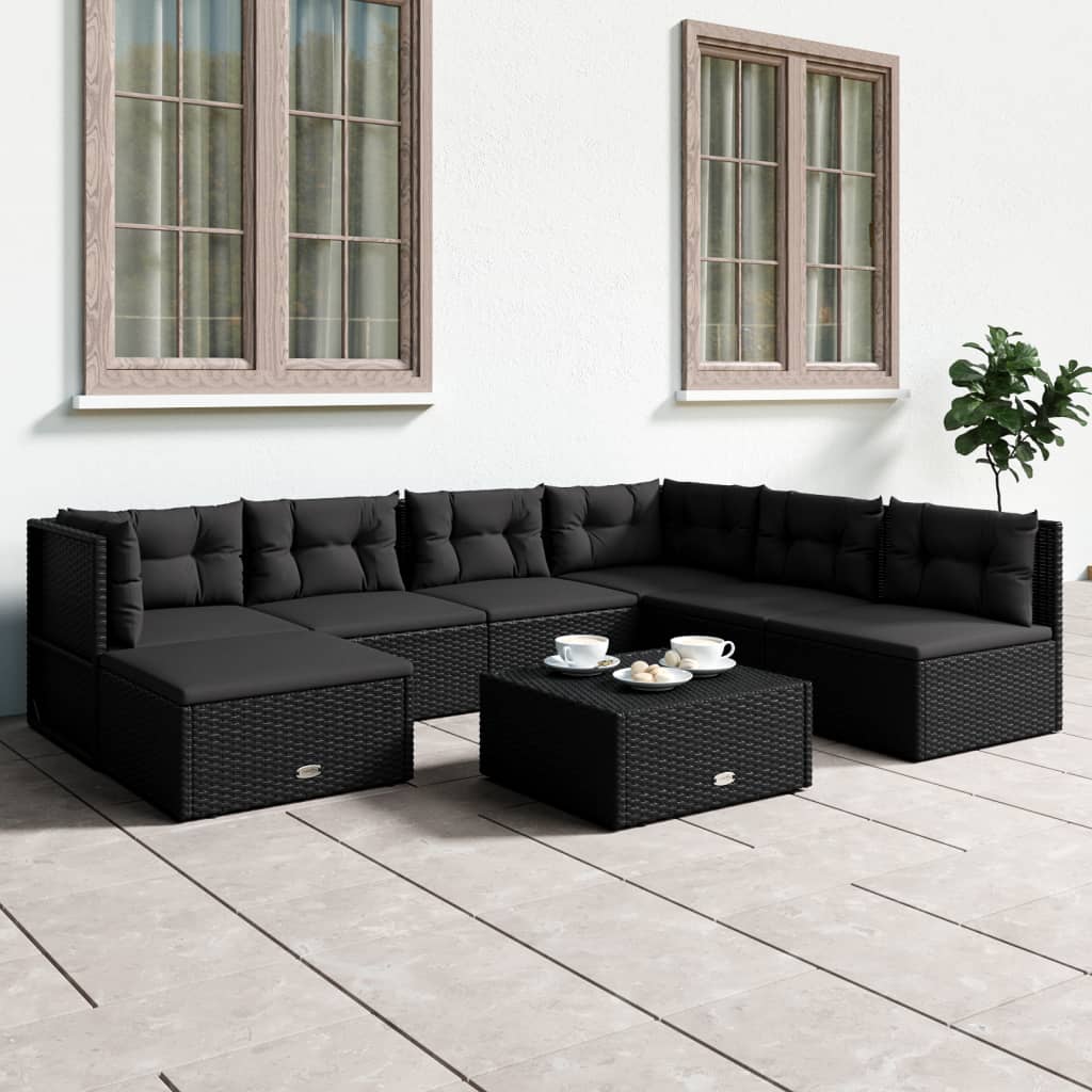7 Piece Garden Lounge Set With Cushions Black Poly Rattan