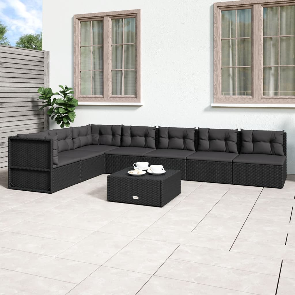 7 Piece Garden Lounge Set With Cushions Black Poly Rattan