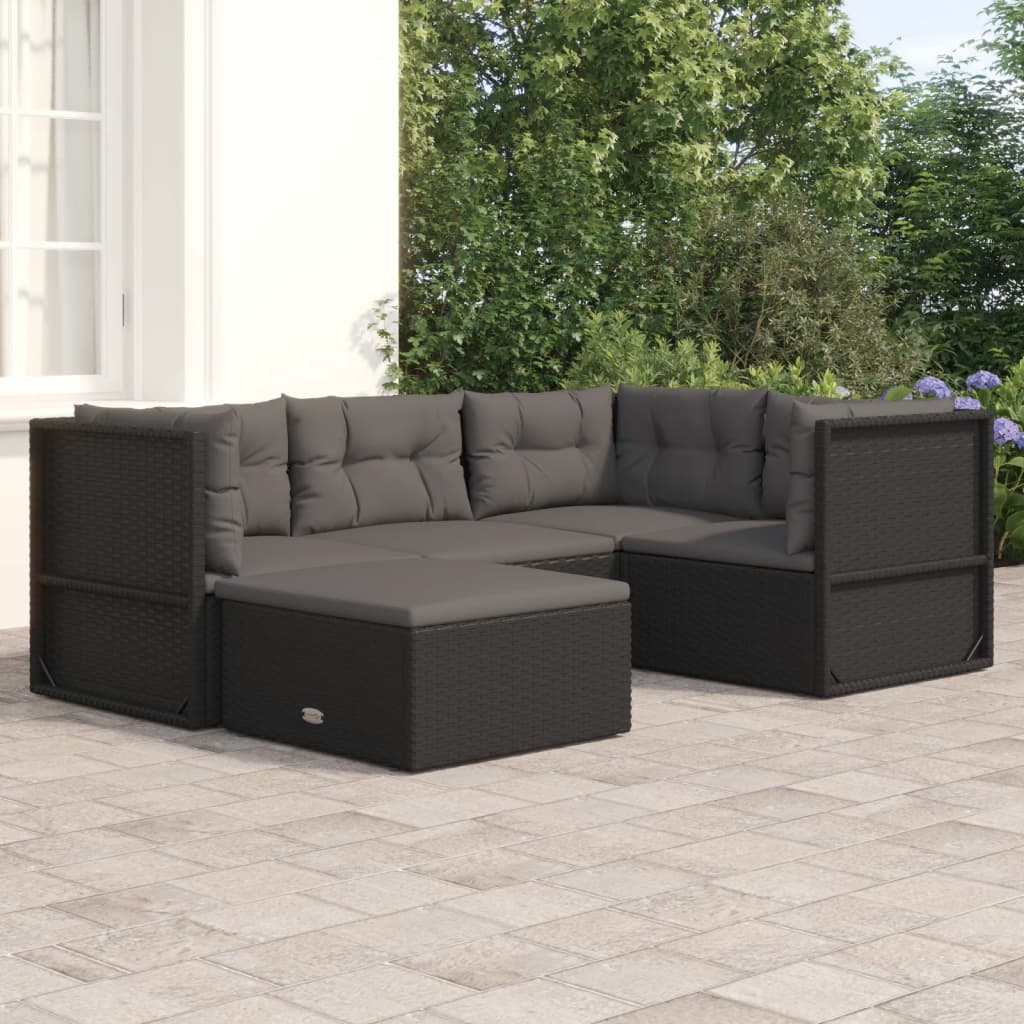5 Piece Garden Lounge Set With Cushions Black Poly Rattan