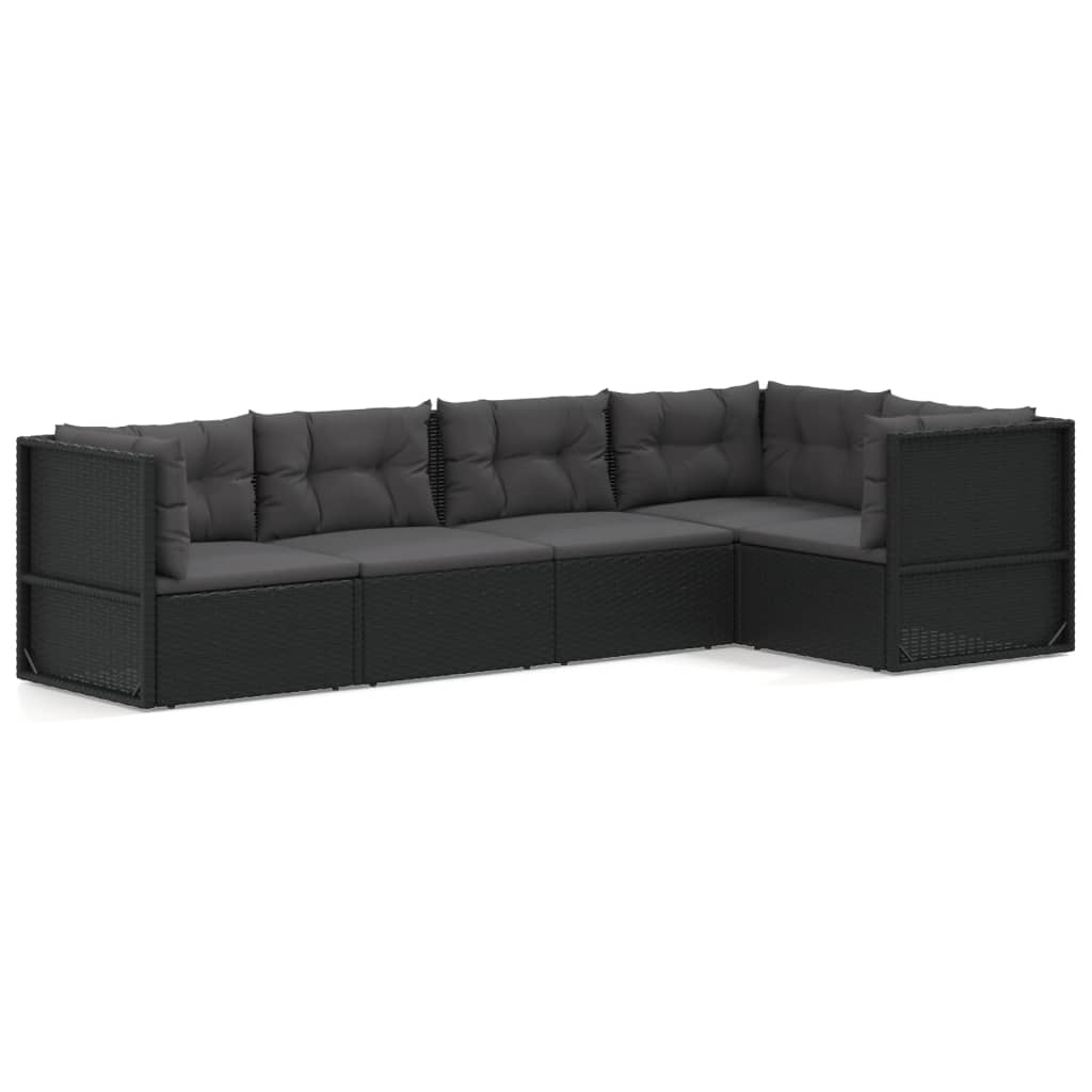 5 Piece Garden Lounge Set With Cushions Black Poly Rattan