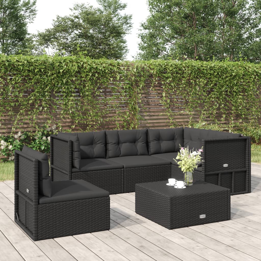 6 Piece Garden Lounge Set With Cushions Black Poly Rattan