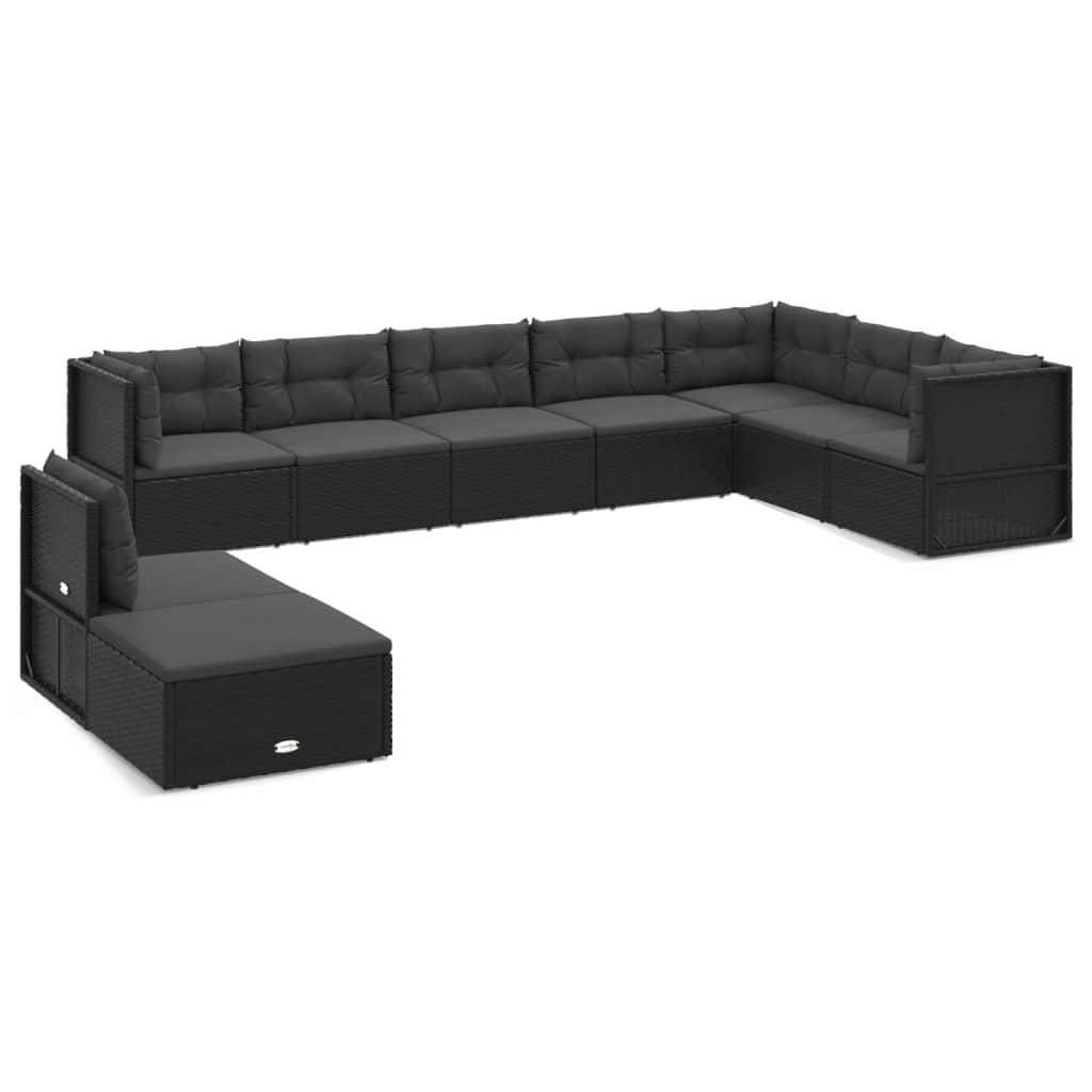 9 Piece Garden Lounge Set With Cushions Black Poly Rattan