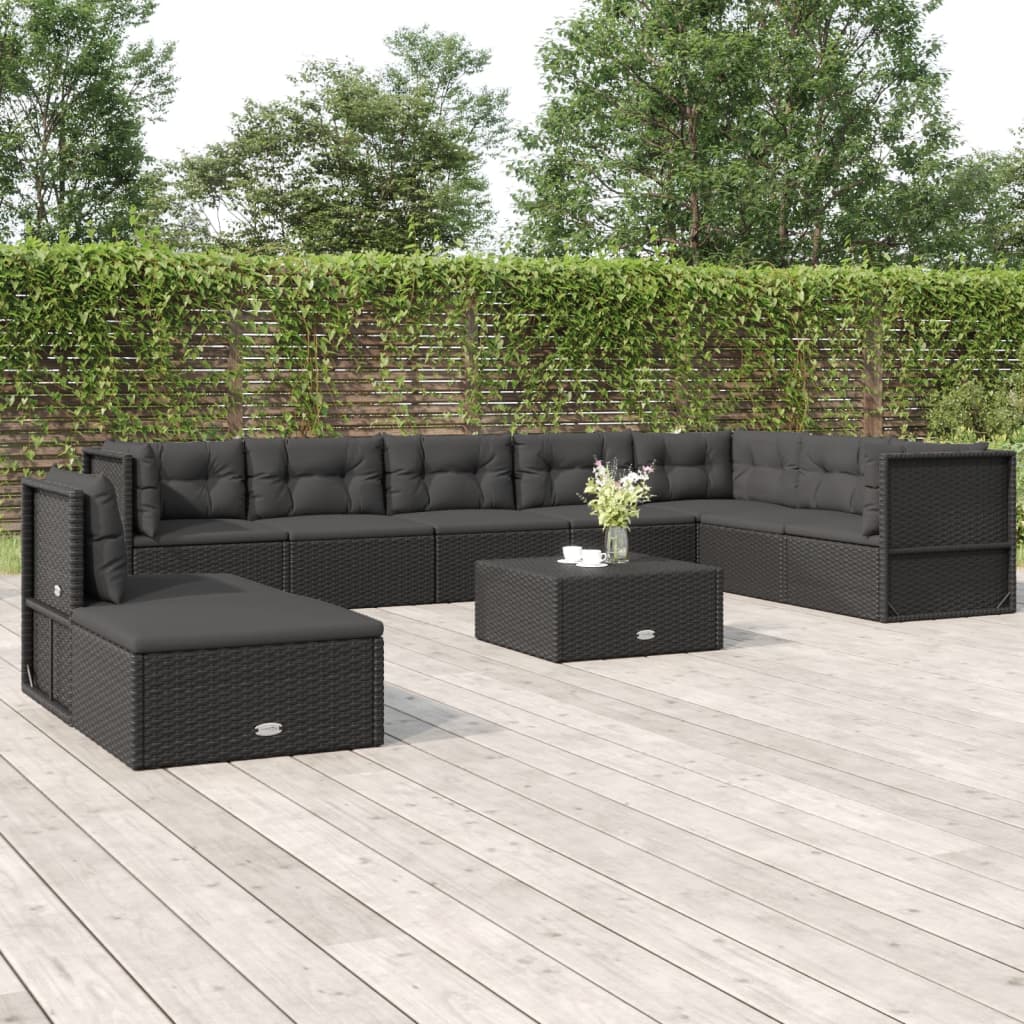 9 Piece Garden Lounge Set With Cushions Black Poly Rattan