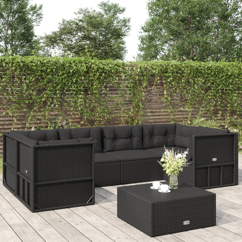 7 Piece Outdoor Sofa Set With Cushions Black Poly Rattan