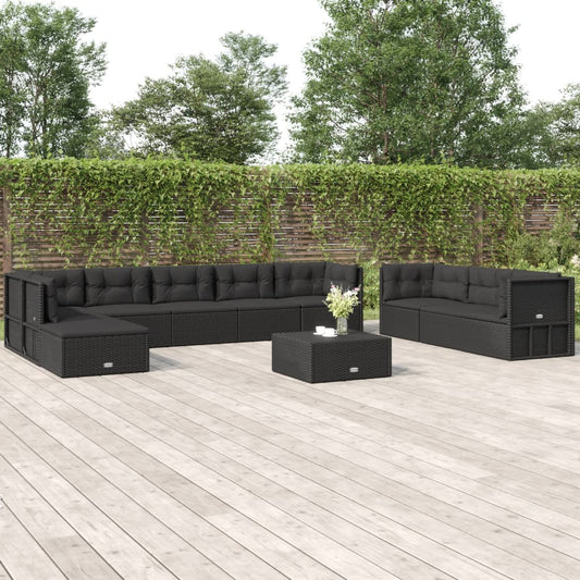 10 Piece Outdoor Sofa Set With Cushions Black Poly Rattan