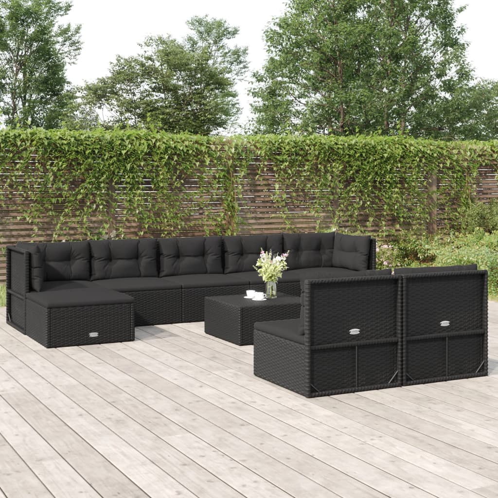 10 Piece Outdoor Sofa Set With Cushions Black Poly Rattan