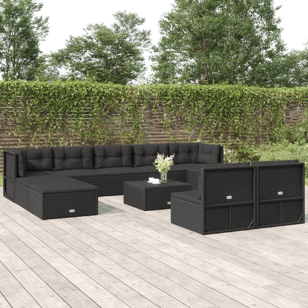 10 Piece Outdoor Sofa Set With Cushions Black Poly Rattan