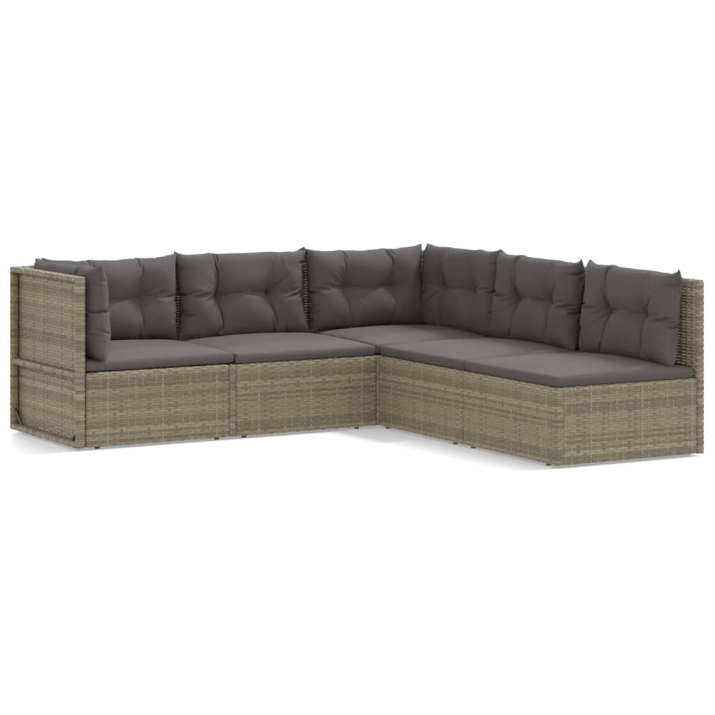 5 Piece Garden Lounge Set With Cushions Grey Poly Rattan