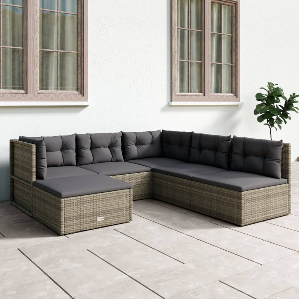 5 Piece Garden Lounge Set With Cushions Grey Poly Rattan