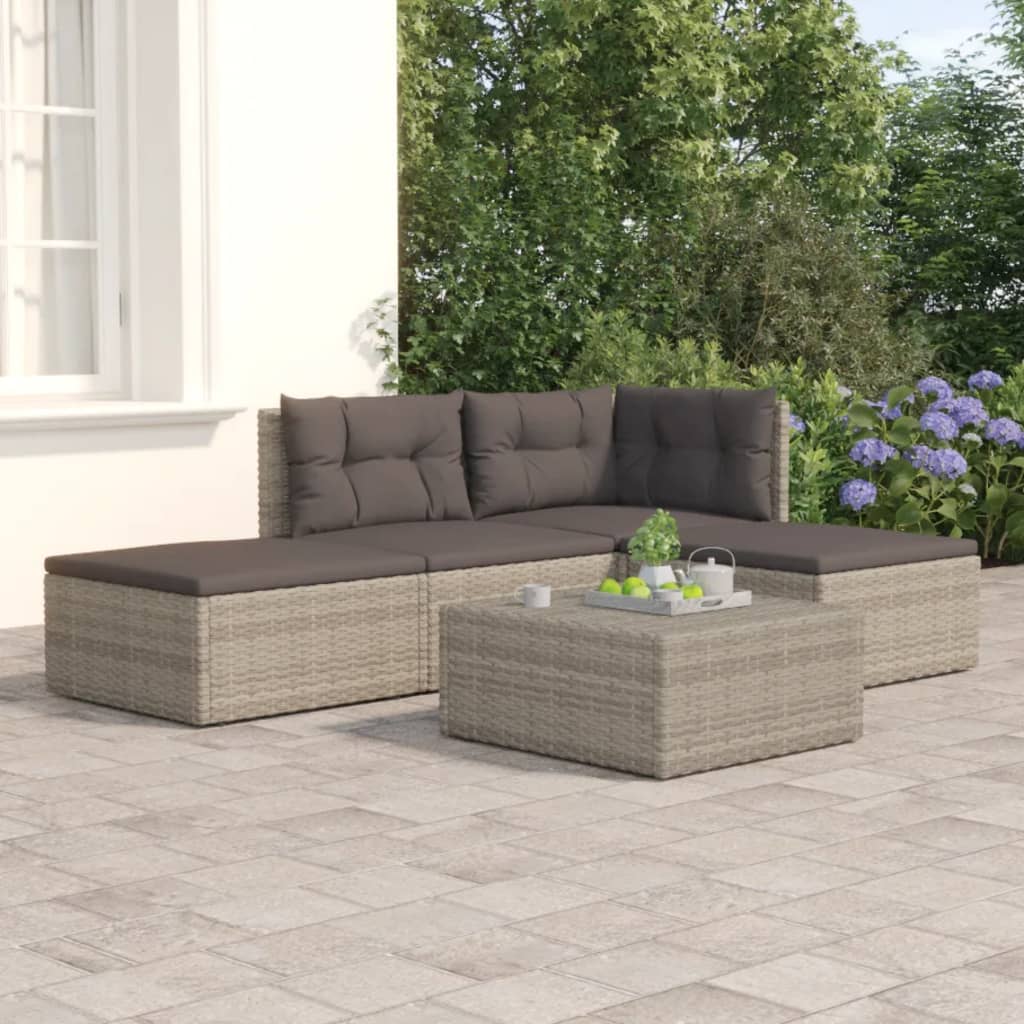 5 Piece Garden Lounge Set With Cushions Grey Poly Rattan