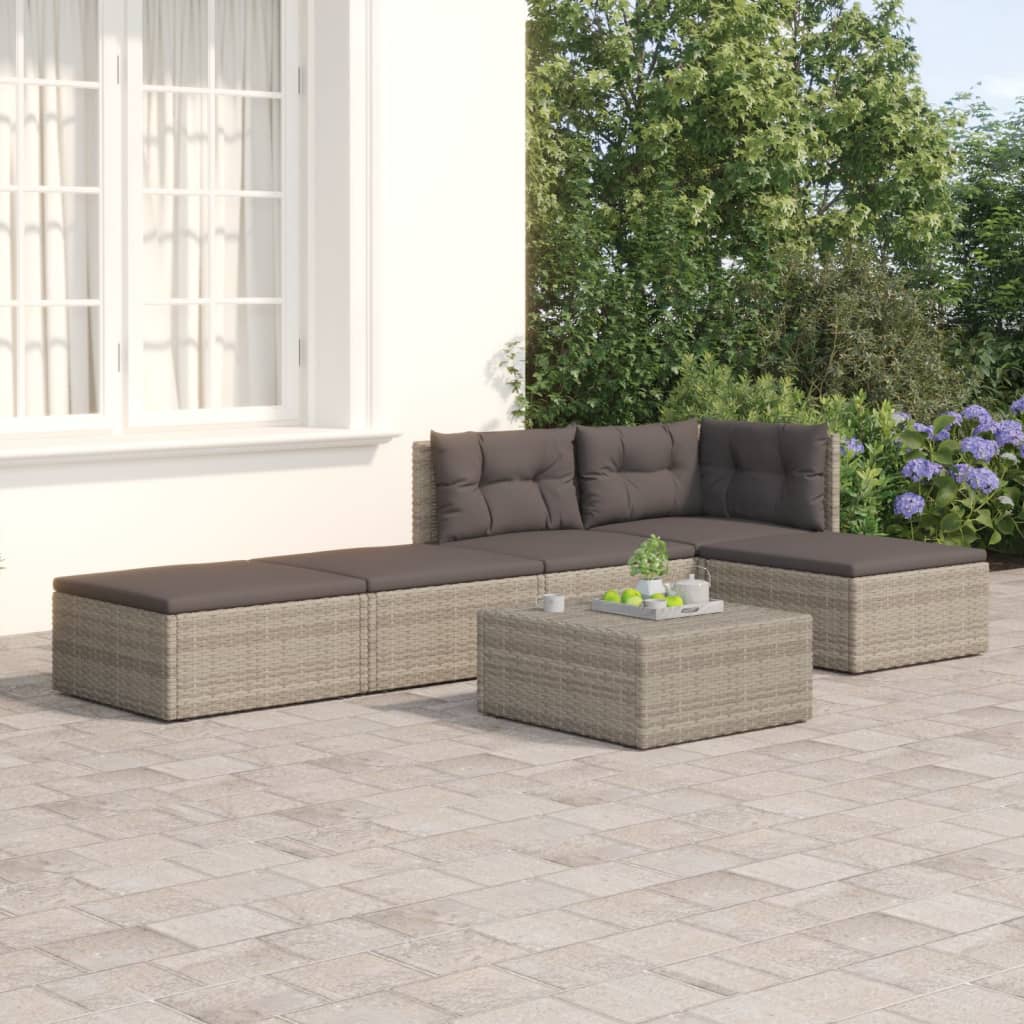 5 Piece Garden Lounge Set With Cushions Grey Poly Rattan