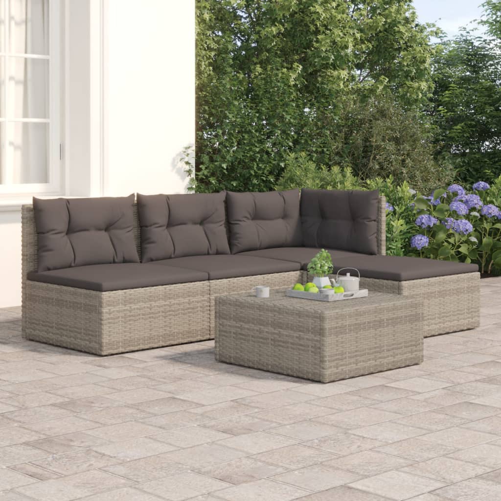 5 Piece Garden Lounge Set With Cushions Grey Poly Rattan
