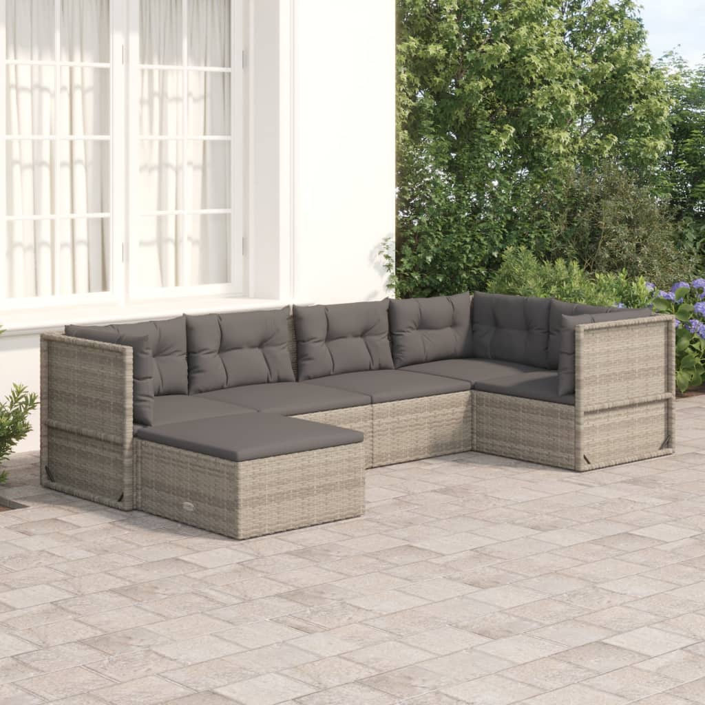 6 Piece Garden Lounge Set With Cushions Grey Poly Rattan