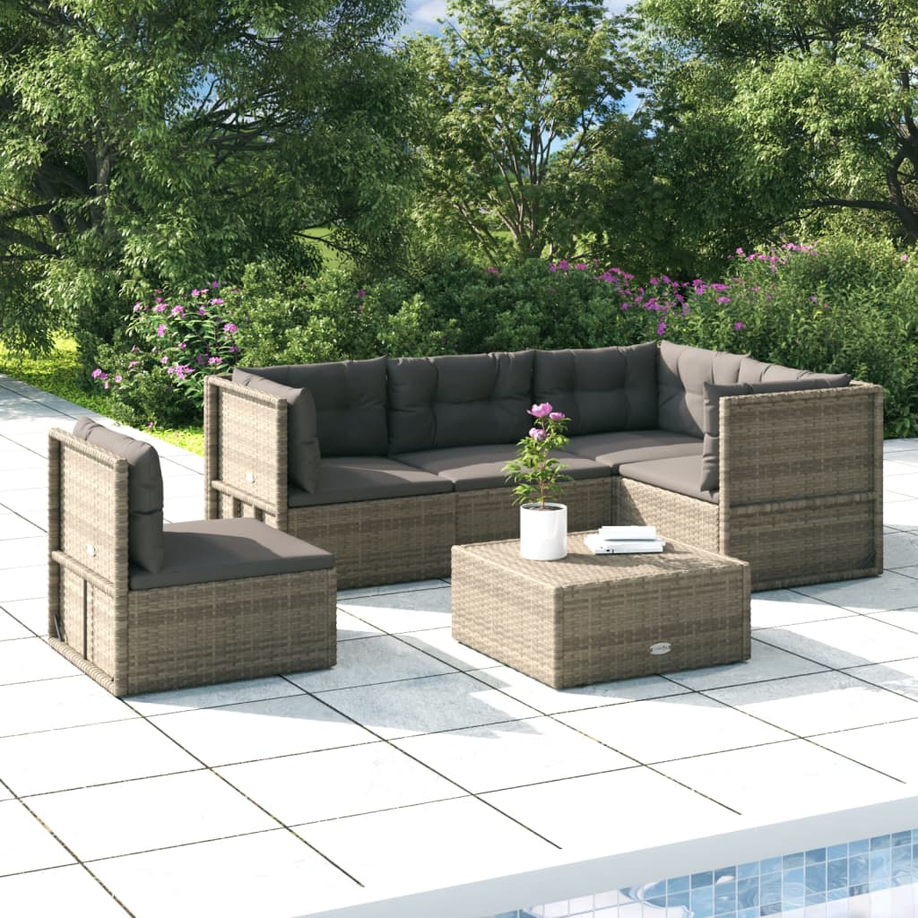 6 Piece Garden Lounge Set With Cushions Grey Poly Rattan