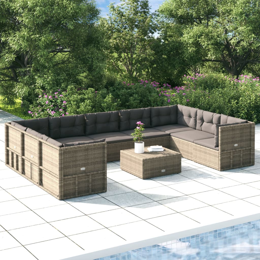 11 Piece Garden Lounge Set With Cushions Grey Poly Rattan