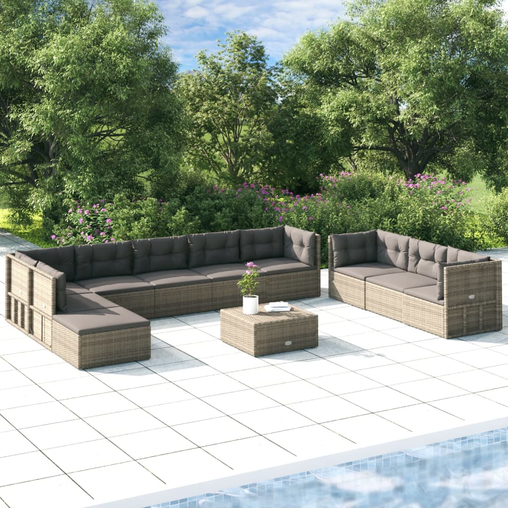 11 Piece Garden Lounge Set With Cushions Grey Poly Rattan