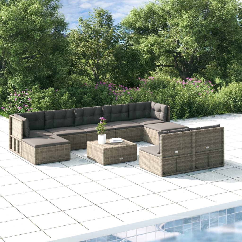 10 Piece Garden Lounge Set With Cushions Grey Poly Rattan