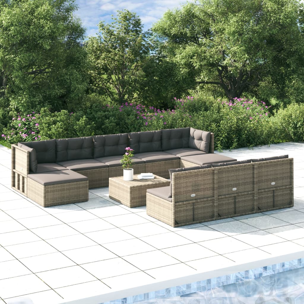 10 Piece Garden Lounge Set With Cushions Grey Poly Rattan