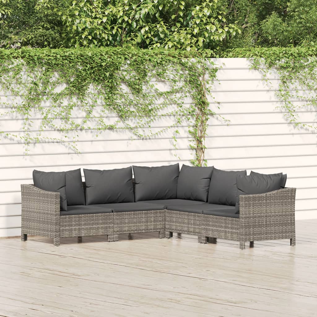 5 Piece Garden Lounge Set With Cushions Grey Poly Rattan