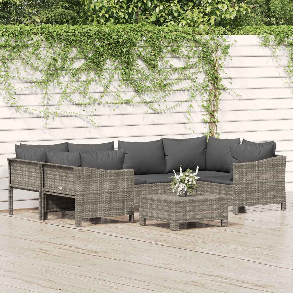 7 Piece Garden Lounge Set With Cushions Grey Poly Rattan