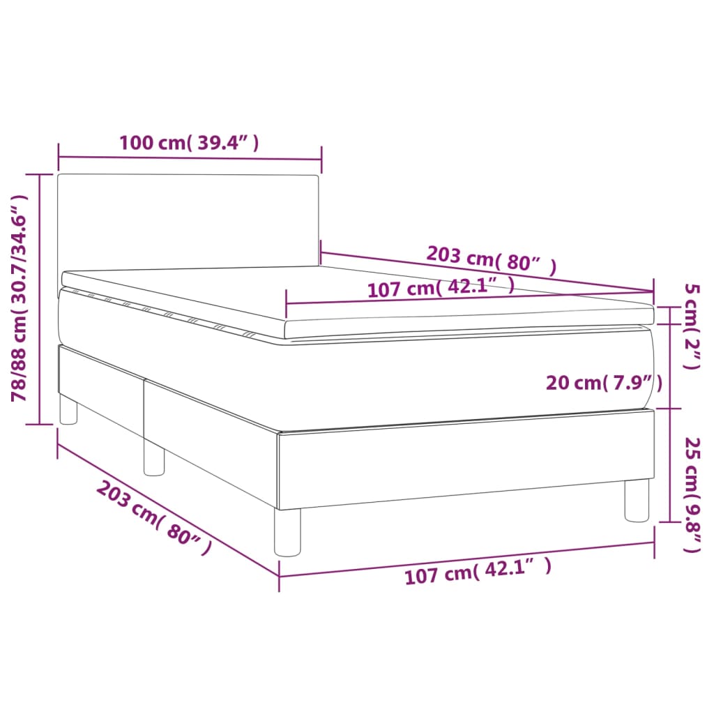 Box Spring Bed With Mattress&Led 100X200Cm Velvet