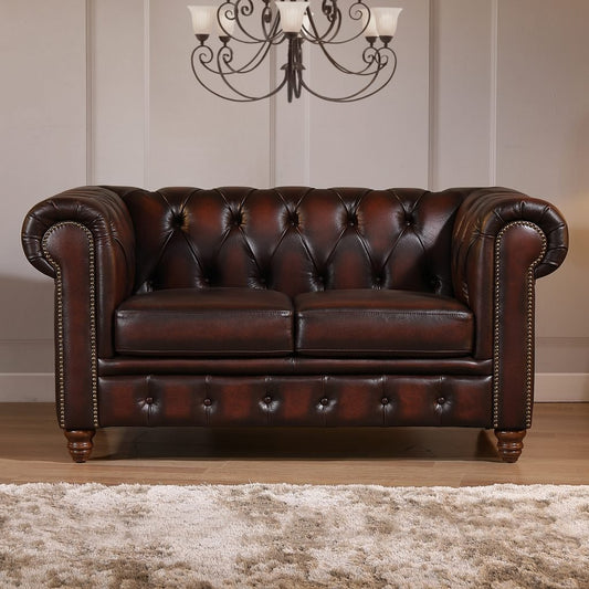 Max Chesterfield 2 Seater Leather Sofa - Leather Antique Brown