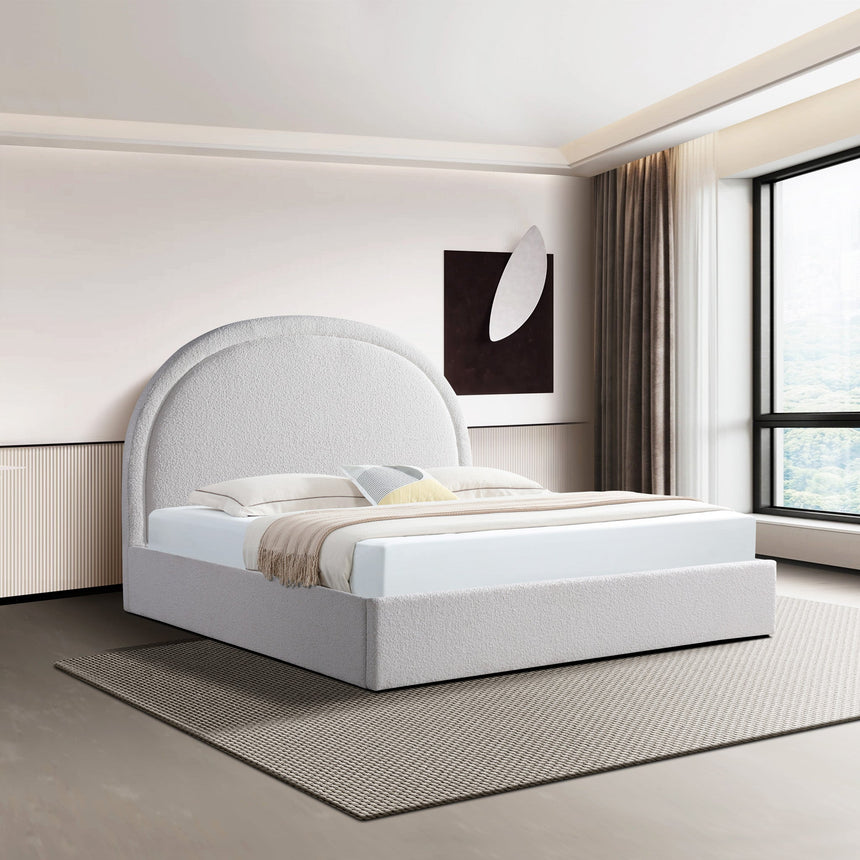 King Sized Bed Frame - Ivory White Boucle with Storage