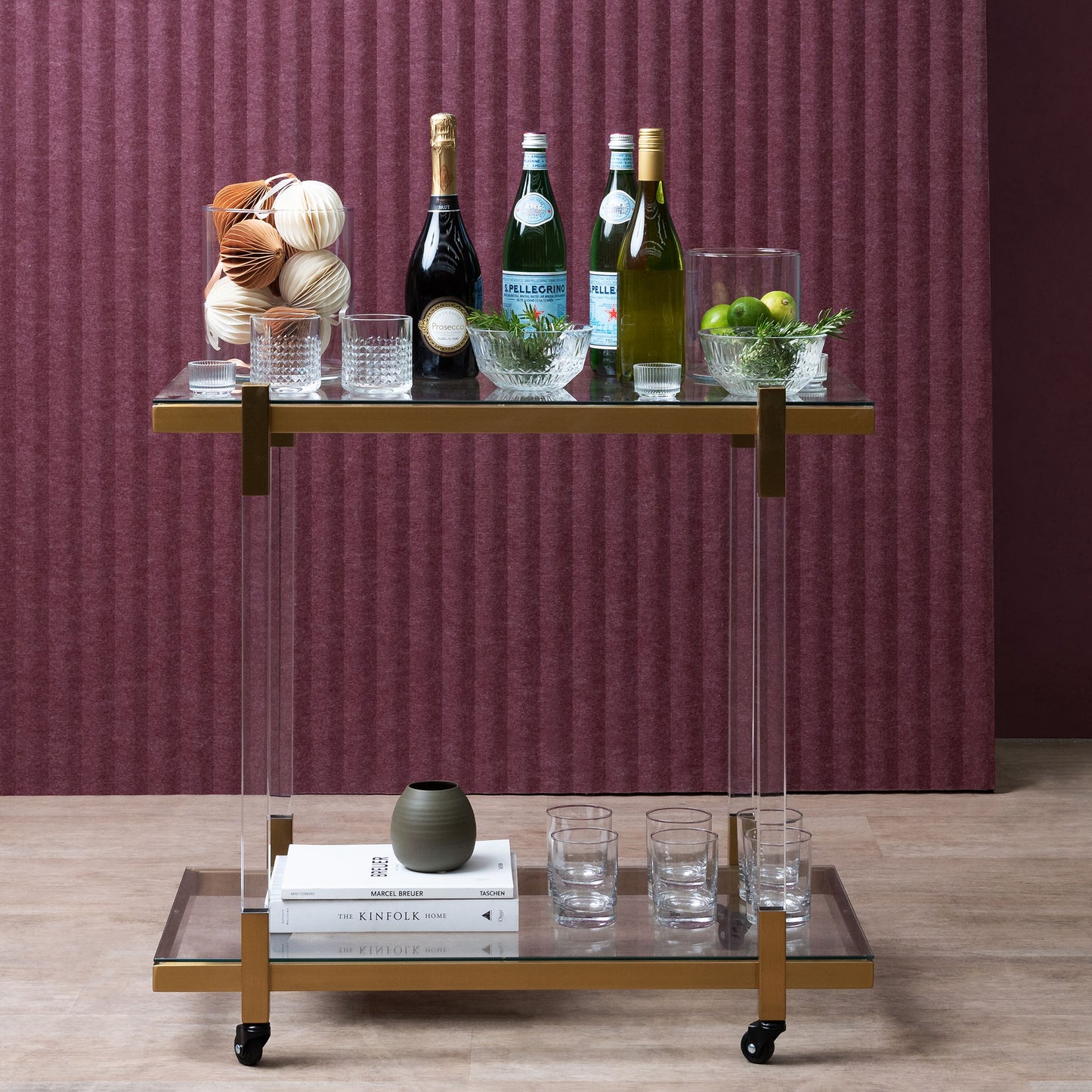 Myron Glass Bar Cart - Brushed Gold