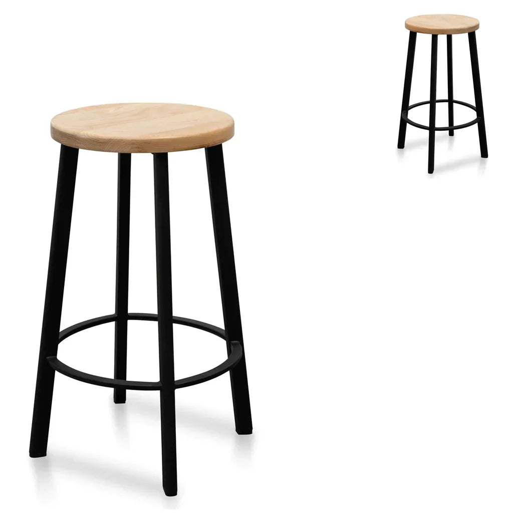 65cm Bar Stool -With Natural Timber Seat - Black Frame(Set of 2)