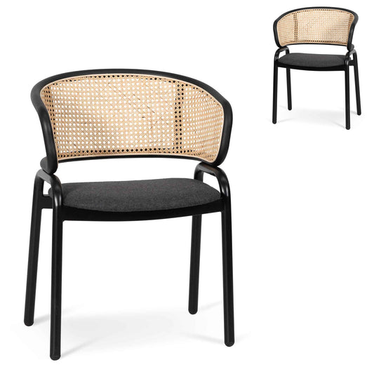 Set of 2 - Florine Fabric Dining Chair - Grey with Rattan Back