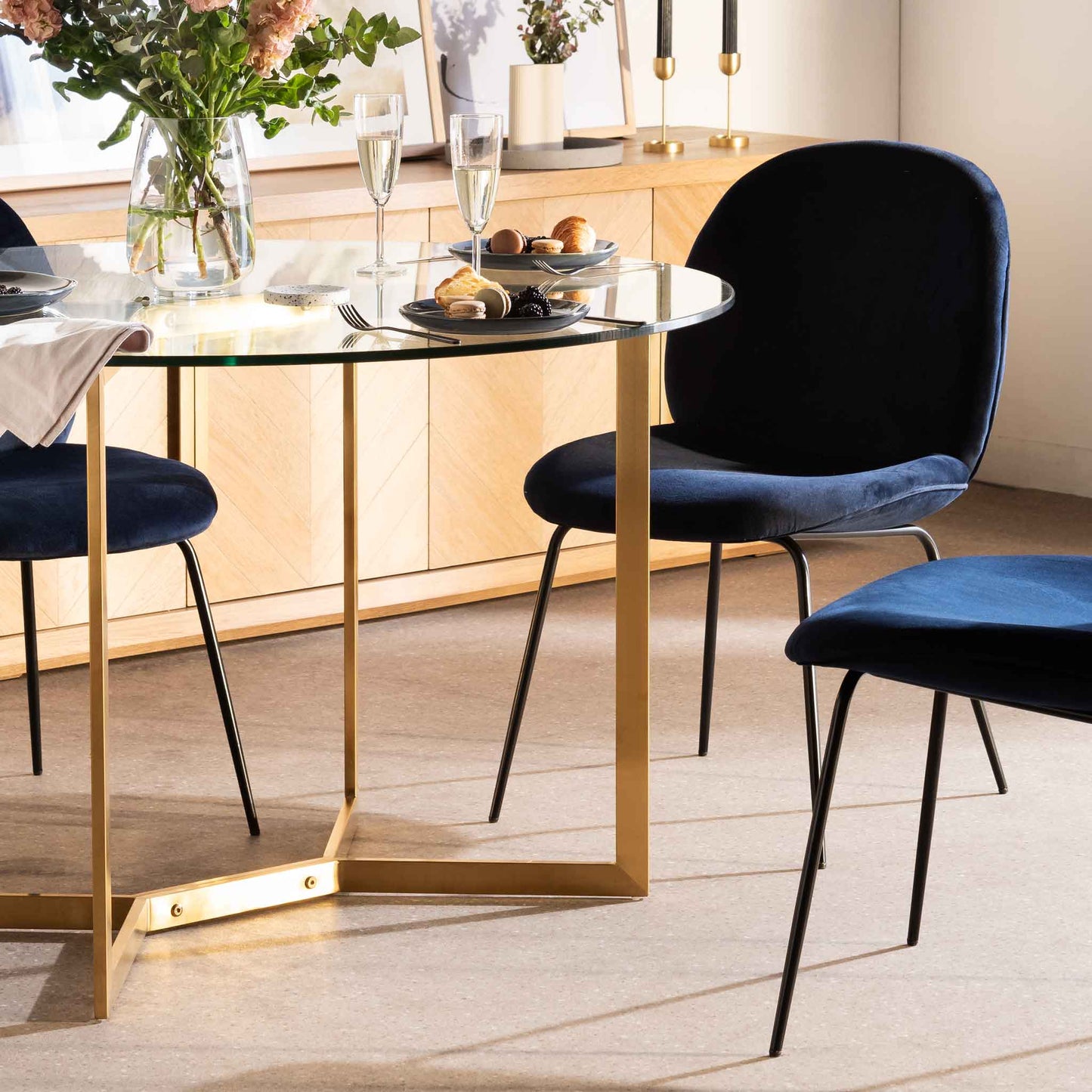 2m Round Glass Dining Table - Gold Base