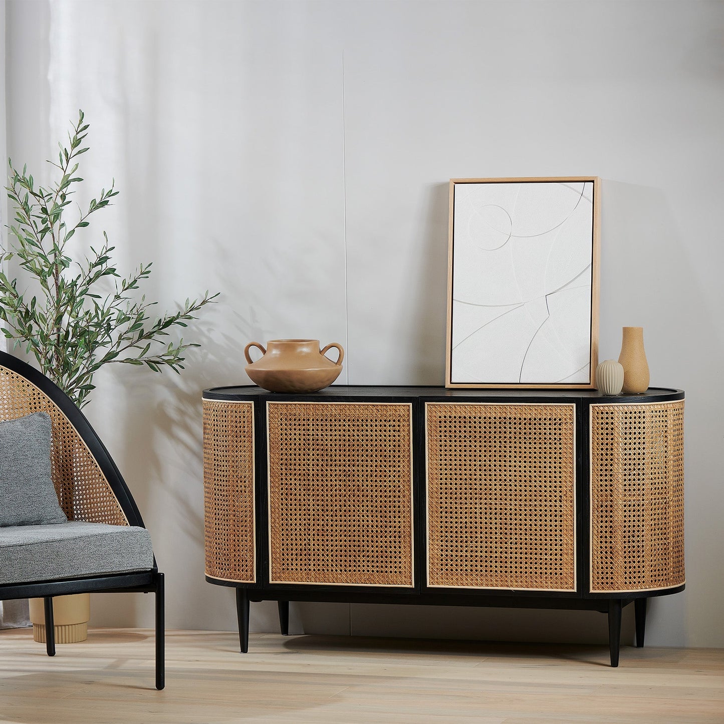 McDaniel 1.45m ELM Black Side board - Natural Rattan Door