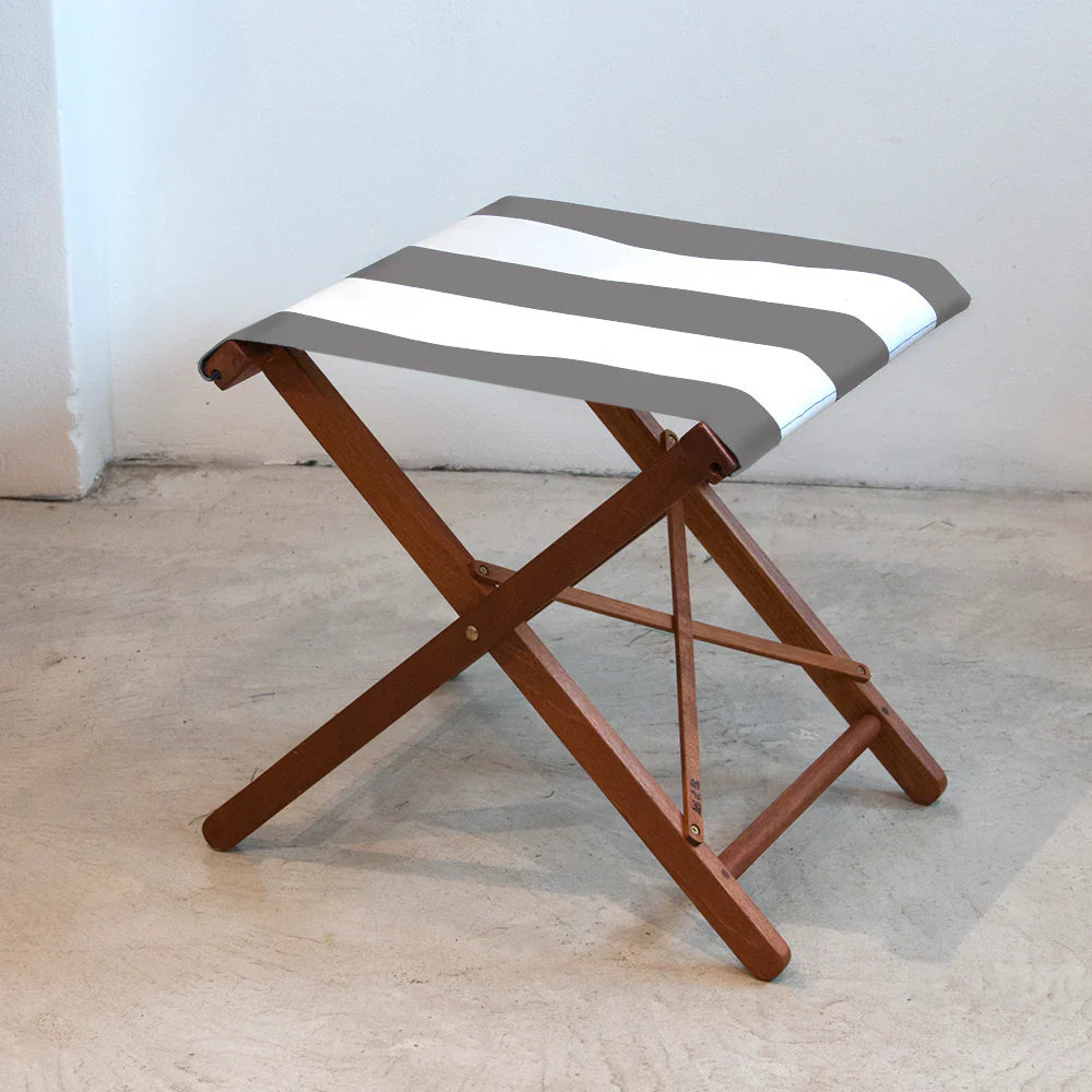 Folding Stool Hardwood Synthetic Block Stripe Light Grey and White