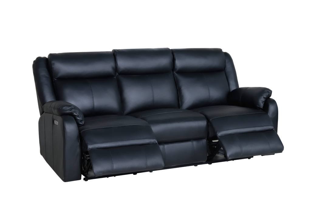 Pinnacle Leather Powered with USB Port 3 Seater Recliner Sofa - Black