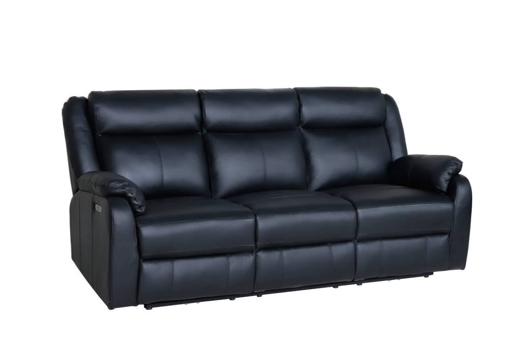 Pinnacle Leather Powered with USB Port 3 Seater Recliner Sofa - Black
