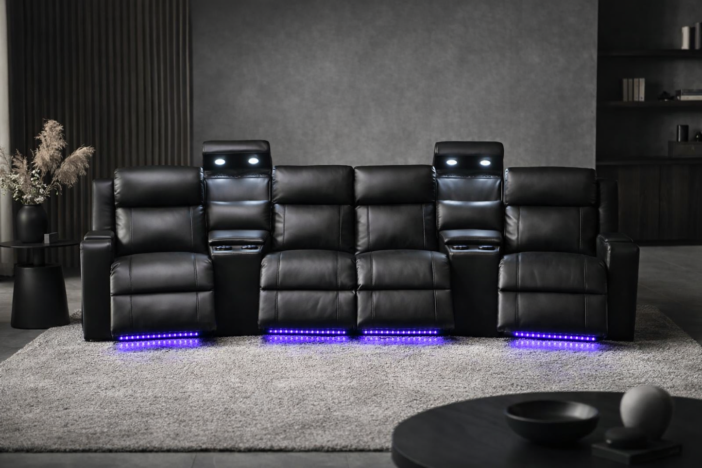 Academy Home Theatre 4 Seater + 2 Console - Black Leather