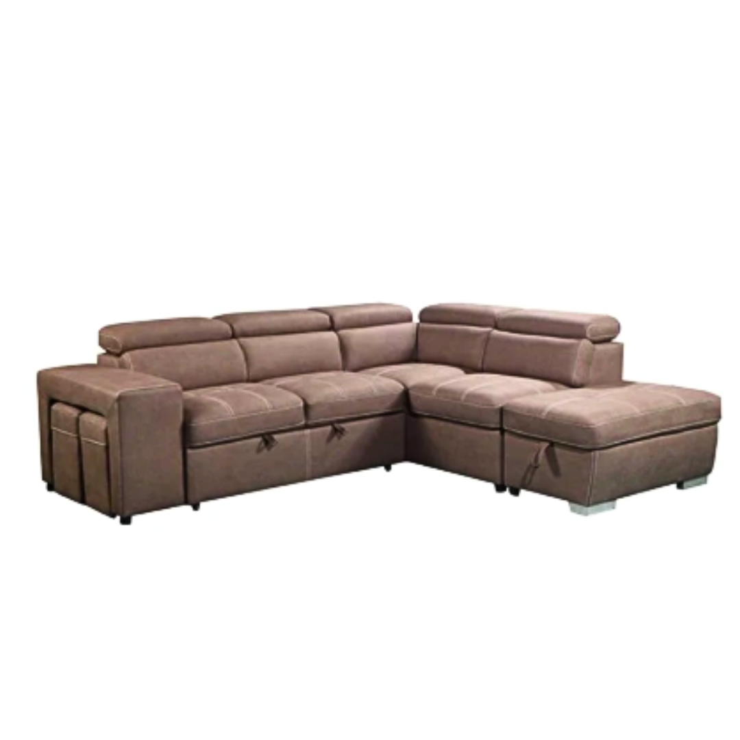 Clever Lounge Featuring pull out sofa bed, storage ottoman and 2 small hidden ottomans