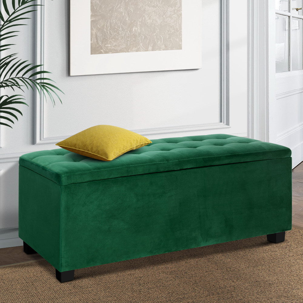 Artiss Storage Ottoman Blanket Box 97cm Velvet Green