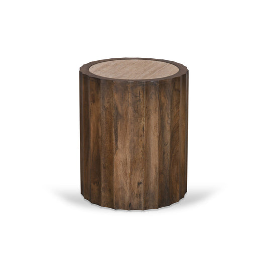 CST8723-RB 45cm Travertine Top Round Side Table - Walnut