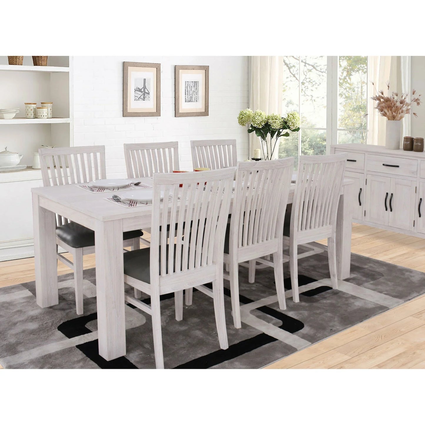 Francia Mountain Ash Table with 6 Chairs Dining Set - Brushed White Wash