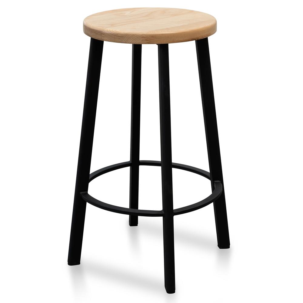 Set of 2 - James 65cm Bar Stool - Natural Timber Seat and Black Frame