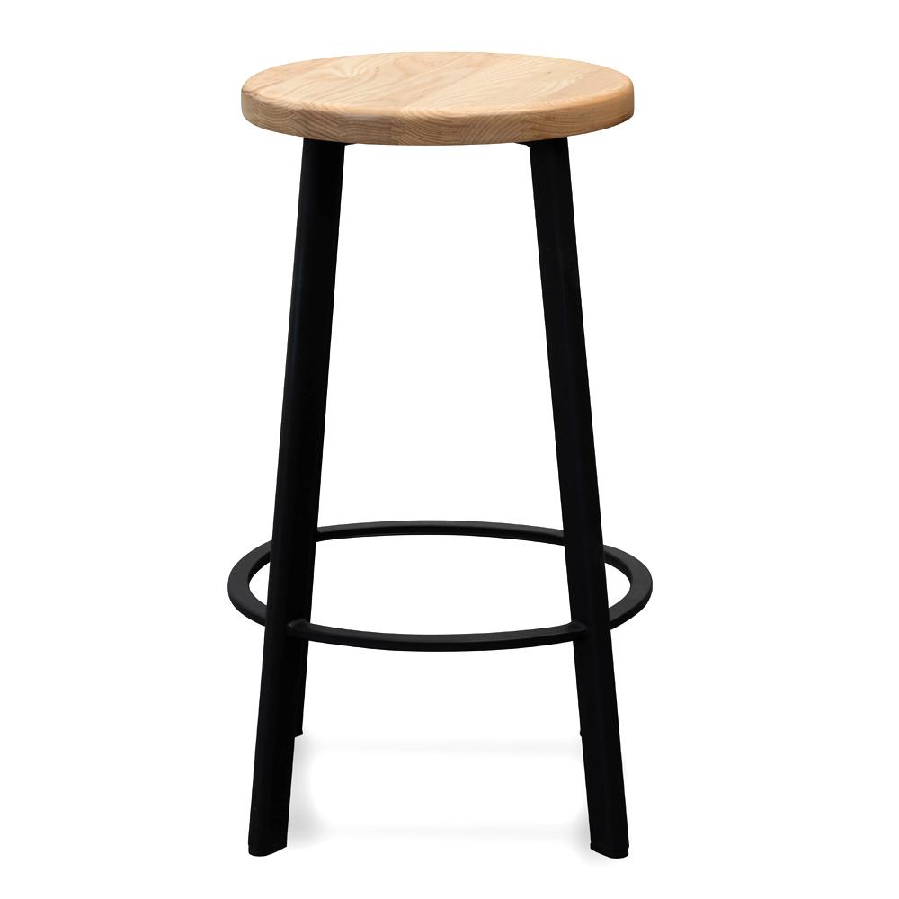 Set of 2 - James 65cm Bar Stool - Natural Timber Seat and Black Frame