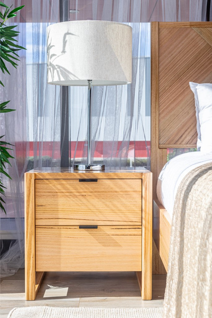 Elric 2 Drawer Messmate Timber Bedside Table - Natural