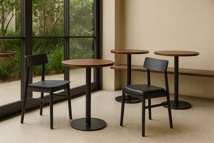 Two Mia dining chairs in black ash finish, one with a leather seat pad, set against a neutral background for product display.