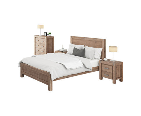 4 Pieces Bedroom Suite in Solid Wood Veneered Acacia Construction Timber Slat Double Size Oak Colour Bed, Bedside Table & Tallboy