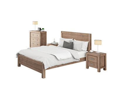 4 Pieces Bedroom Suite in Solid Wood Veneered Acacia Construction Timber Slat Double Size Oak Colour Bed, Bedside Table & Tallboy