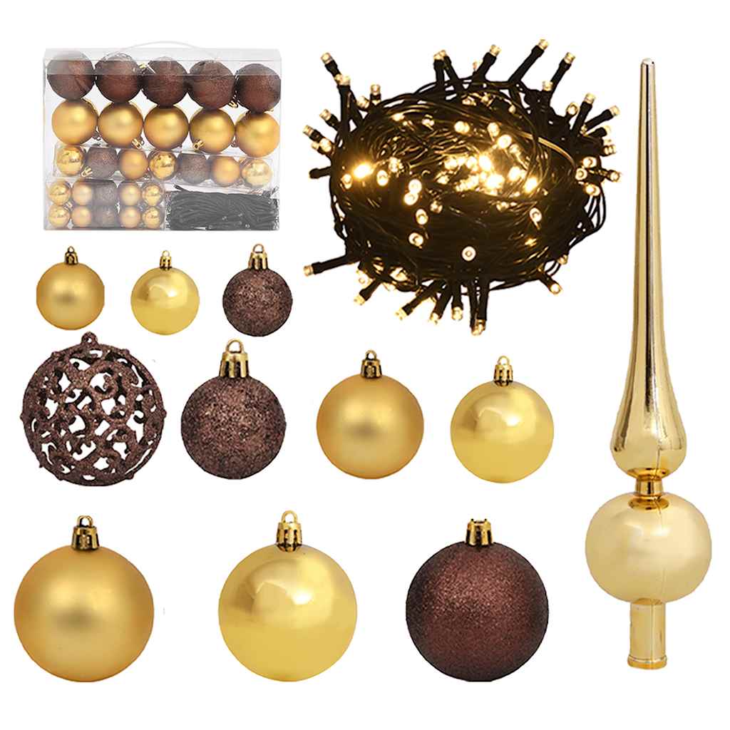 61 Piece Christmas Ball Set With Peak And 150 Leds Gold&Bronze