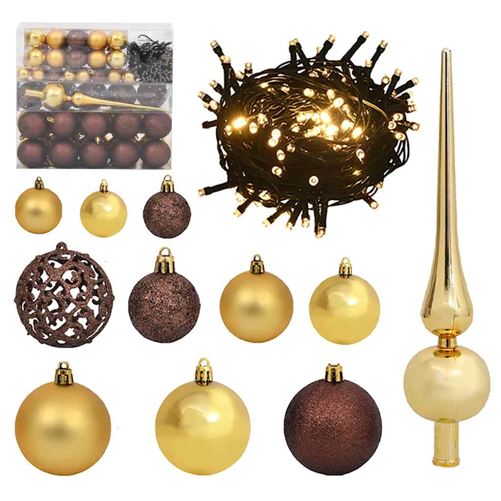 61 Piece Christmas Ball Set With Peak And 150 Leds Gold&Bronze