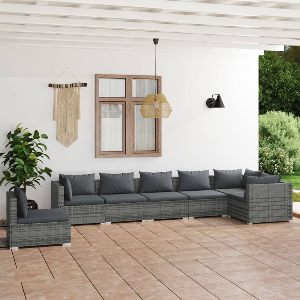 7 Piece Garden Lounge Set With Cushions Poly Rattan Grey